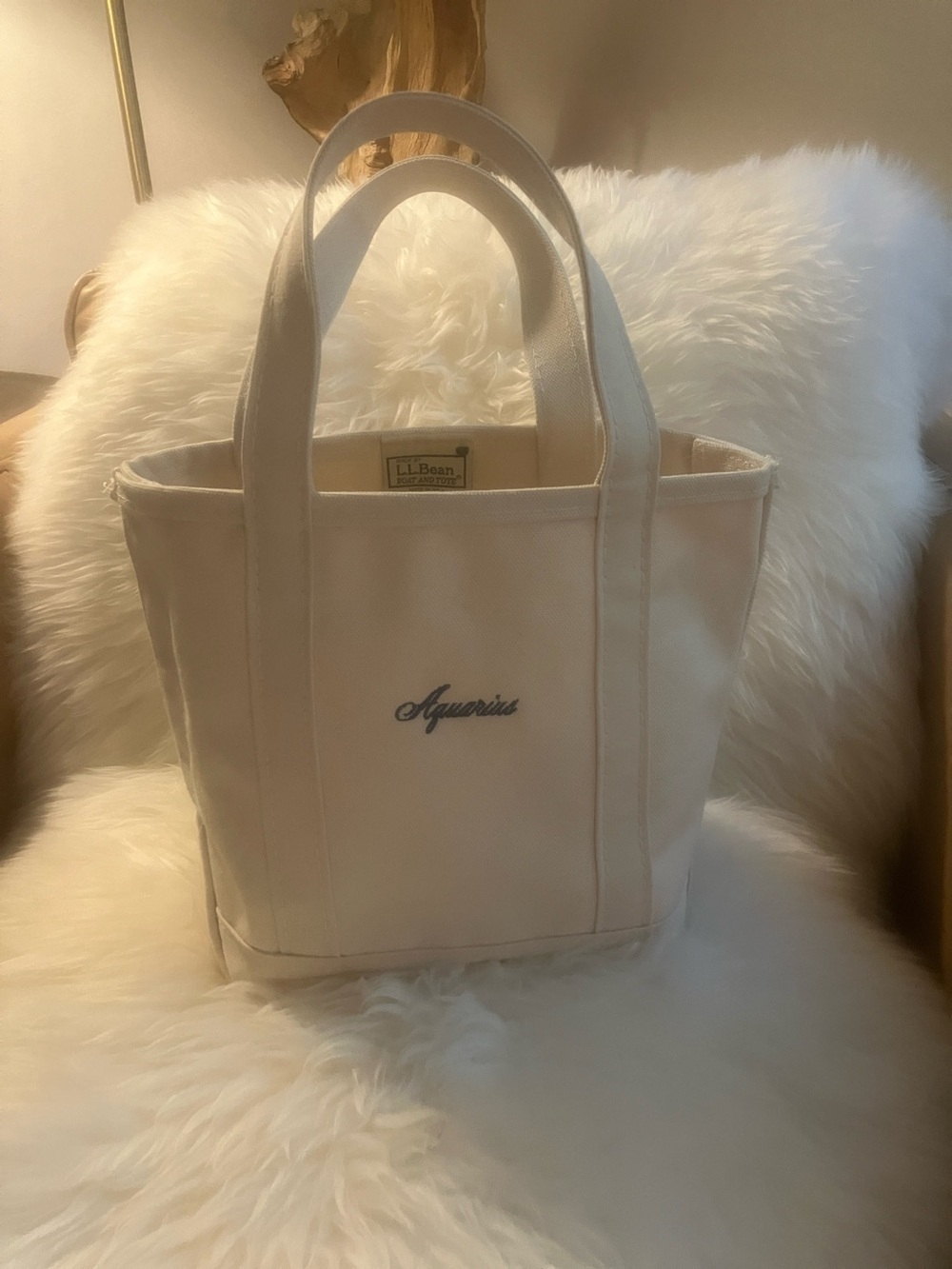 L.L. Bean Cream Canvas Tote with “Aquarius” monogram Embroidery small